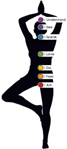 Human figure with the seven chakras illuminated along the spine